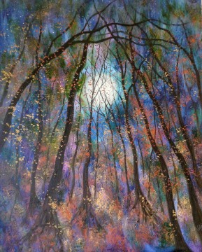 Kupferblätter fallen Bäume blauer Mond und Glühwürmchen Gartendekoration Landschaft Wandkunst Naturlandschaft Ölgemälde